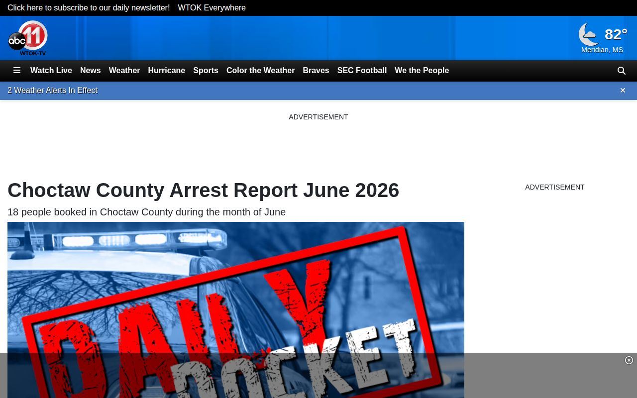 Captured WTOK page for the June 2026 Choctaw County monthly arrest report