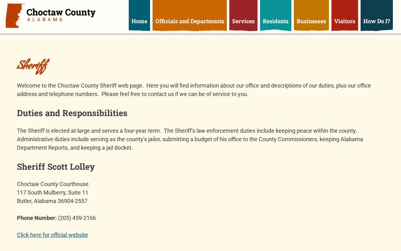 Choctaw County sheriff page used for jail roster and arrest record routing