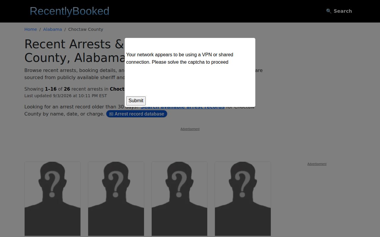 Unofficial RecentlyBooked Choctaw County recent arrest records page