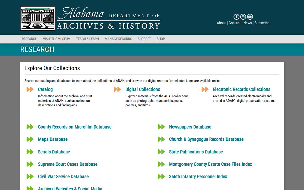 Captured Alabama Department of Archives and History collections explorer