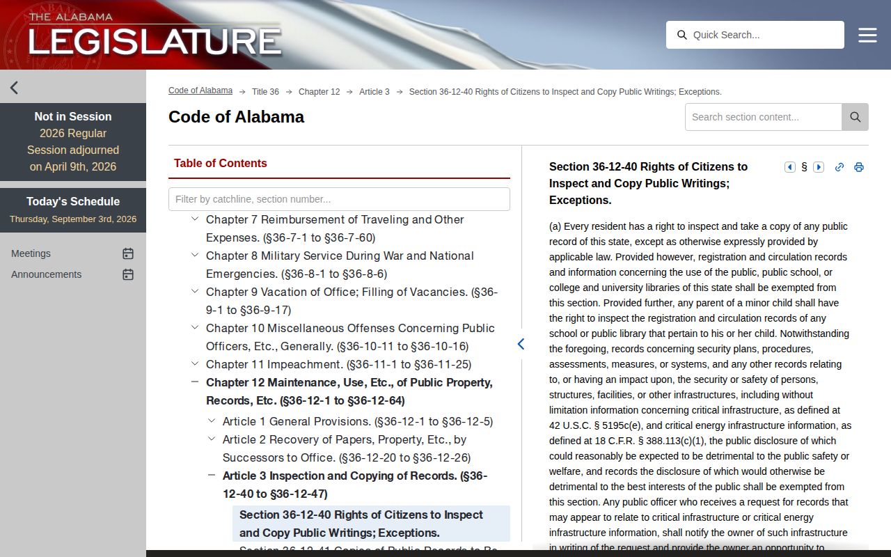 Alabama public records statute relevant to Choctaw County arrest records