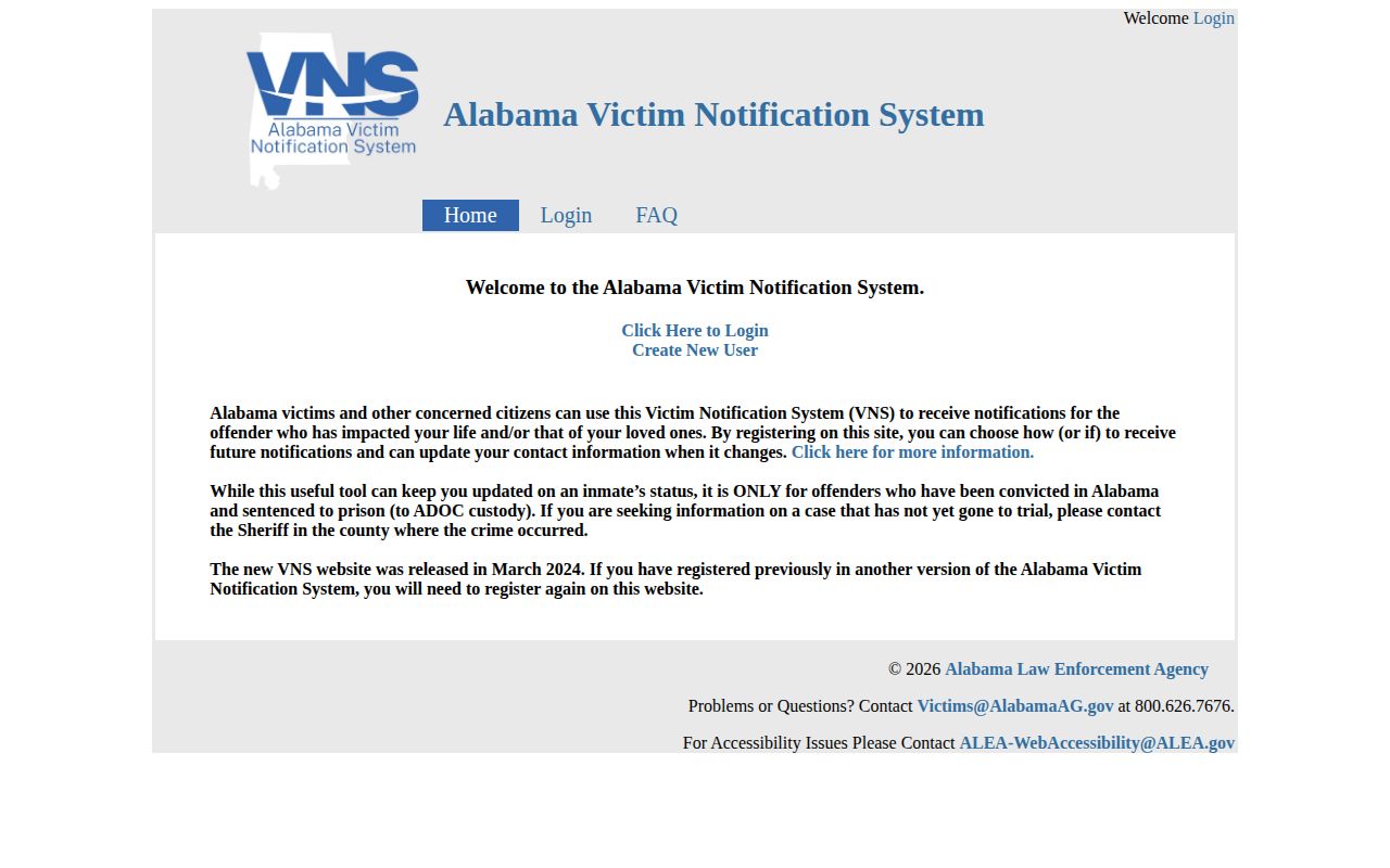 Alabama Victim Notification System login page for ADOC prison custody notifications