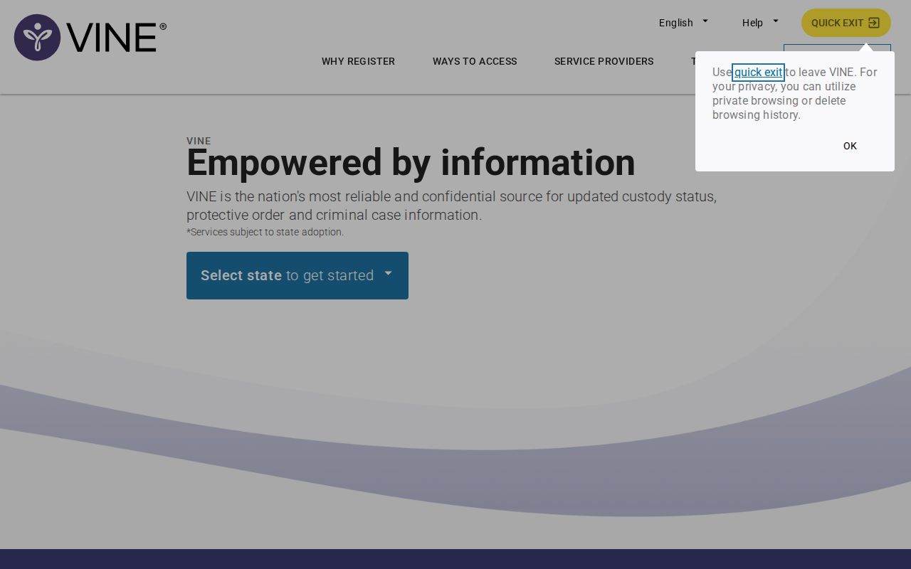 VINELink search screen used to select Alabama and check county custody records